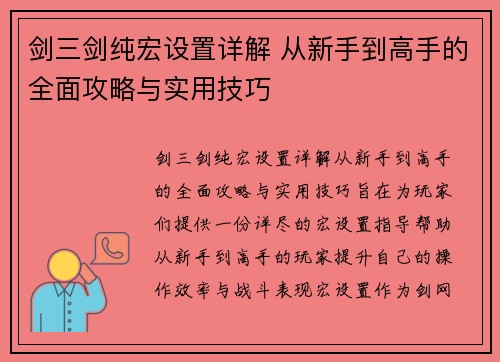 剑三剑纯宏设置详解 从新手到高手的全面攻略与实用技巧